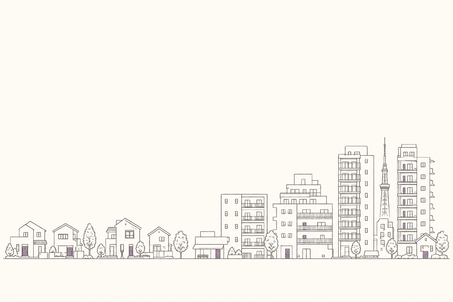 戸建てからマンションへつながる東京の街並みを描いた線画