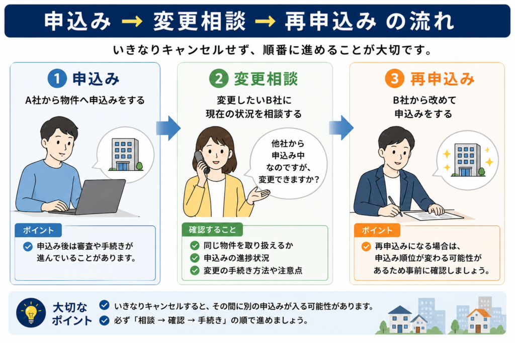 「申込み→変更相談→再申込み」の流れ