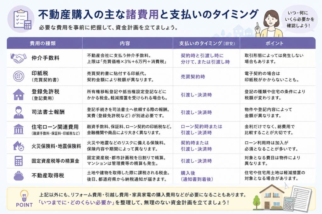 不動産購入で必要になる主な諸費用