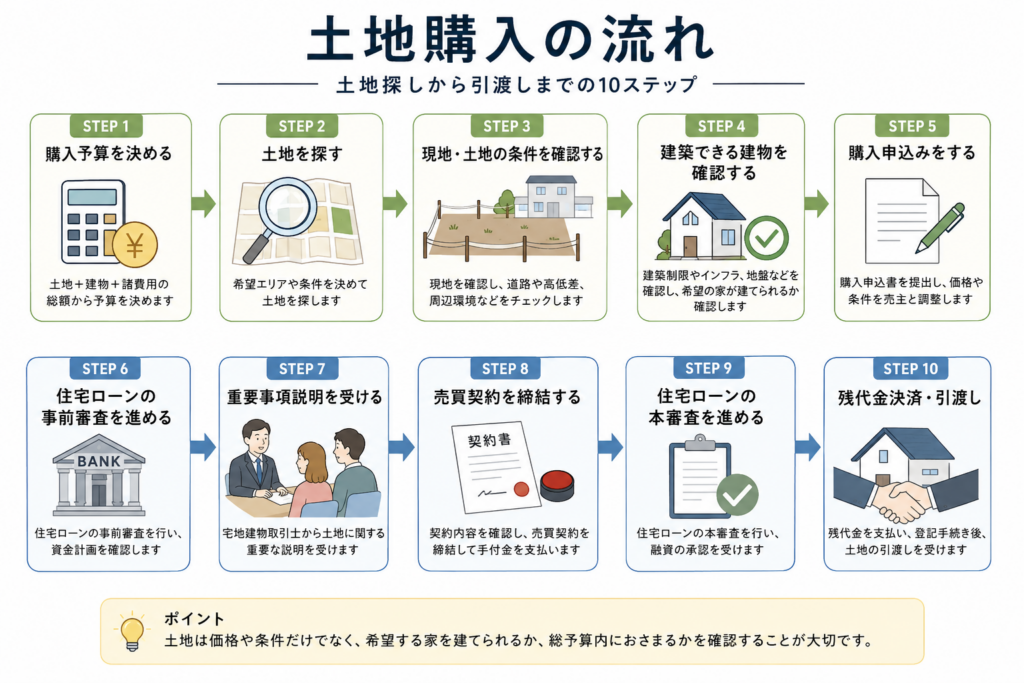 土地購入の流れ|土地探しから引渡しまで解説