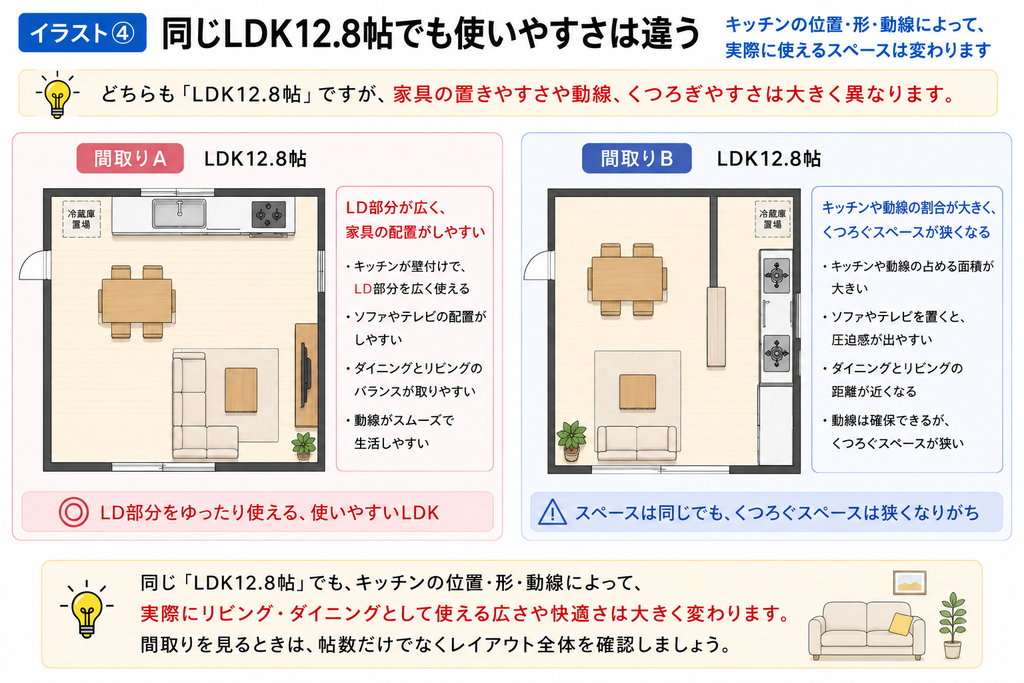 間取り図の帖数はどこまで？広さの見方を解説、同じLDK12.8帖でも使いやすさは違う