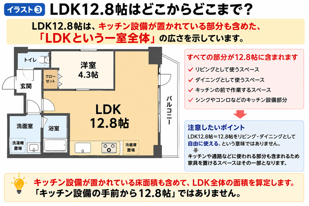 間取り図の帖数はどこまで？広さの見方を解説、壁付けキッチン＋LDK12.8帖
