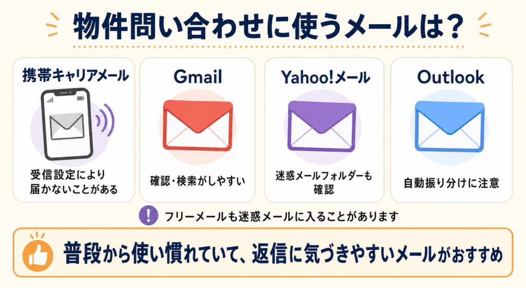 SUUMOなどの物件問い合わせに使う携帯キャリアメール・Gmail・Yahoo!メール・Outlookの比較