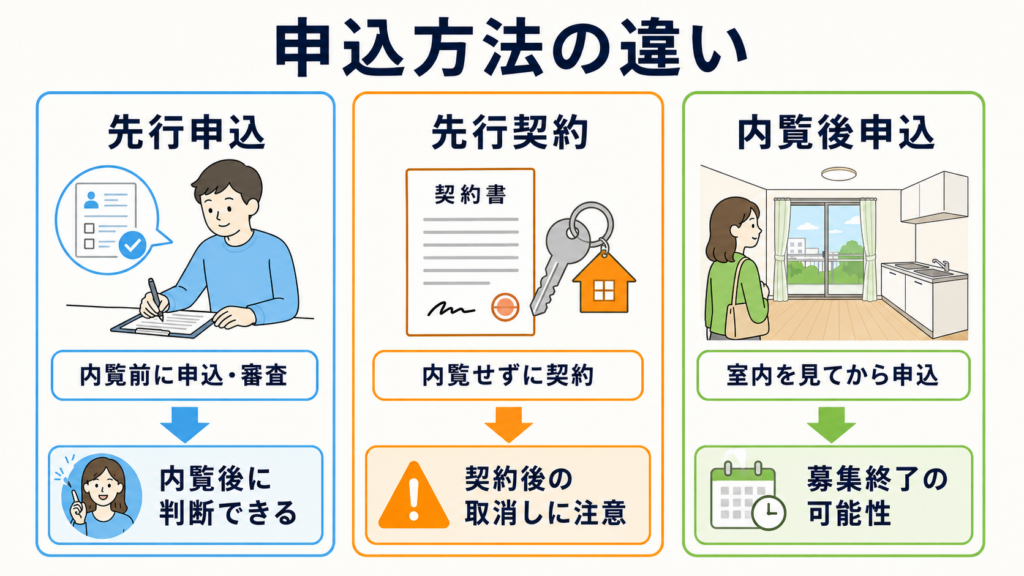 賃貸の1番手・2番手とは？先行申込・先行契約の違い、先行申込・先行契約・内覧後申込の違いを比較した図